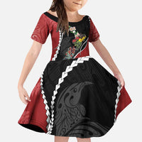 New Zealand Christmas Family Matching Off Shoulder Maxi Dress and Hawaiian Shirt Flora Map with Birds LT7 Daughter's Dress Black - Polynesian Pride