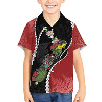New Zealand Christmas Family Matching Off Shoulder Maxi Dress and Hawaiian Shirt Flora Map with Birds LT7 Son's Shirt Black - Polynesian Pride