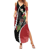 New Zealand Christmas Family Matching Summer Maxi Dress and Hawaiian Shirt Flora Map with Birds LT7 Mom's Dress Black - Polynesian Pride