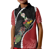 New Zealand Christmas Kid Polo Shirt Flora Map with Birds LT7 Kid Black - Polynesian Pride