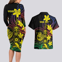 New Caledonia Kanaky Personalized Couples Matching Long Sleeve Bodycon Dress and Hawaiian Shirt Fleche Faitiere - Plumeria LT7 - Polynesian Pride