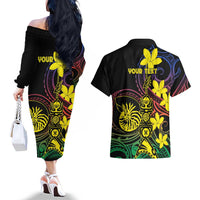 New Caledonia Kanaky Personalized Couples Matching Off The Shoulder Long Sleeve Dress and Hawaiian Shirt Fleche Faitiere - Plumeria LT7 - Polynesian Pride