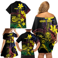 New Caledonia Kanaky Personalized Family Matching Off Shoulder Short Dress and Hawaiian Shirt Fleche Faitiere - Plumeria LT7 - Polynesian Pride
