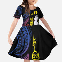 New Caledonia Kanaky Personalized Family Matching Mermaid Dress and Hawaiian Shirt Fleche Faitiere Mix Kagu LT7 Daughter's Dress Colorful - Polynesian Pride