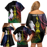 New Caledonia Kanaky Personalized Family Matching Off Shoulder Short Dress and Hawaiian Shirt Fleche Faitiere Mix Kagu LT7 - Polynesian Pride
