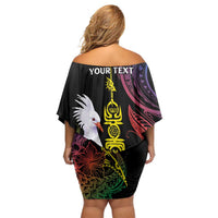 New Caledonia Kanaky Personalized Family Matching Off Shoulder Short Dress and Hawaiian Shirt Fleche Faitiere Mix Kagu LT7 - Polynesian Pride