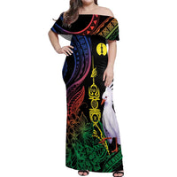 New Caledonia Kanaky Personalized Off Shoulder Maxi Dress Fleche Faitiere Mix Kagu LT7 Women Colorful - Polynesian Pride