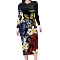 Personalized Philippines Tribal Long Sleeve Bodycon Dress Tropical Waves - Plumeria LT7 Long Dress Black - Polynesian Pride