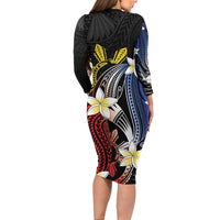 Personalized Philippines Tribal Long Sleeve Bodycon Dress Tropical Waves - Plumeria LT7 - Polynesian Pride