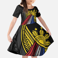Philippines Sun Family Matching Long Sleeve Bodycon Dress and Hawaiian Shirt Pasifika Tribal Style LT7 Daughter's Dress Black - Polynesian Pride