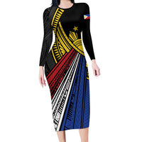 Philippines Sun Family Matching Long Sleeve Bodycon Dress and Hawaiian Shirt Pasifika Tribal Style LT7 Mom's Dress Black - Polynesian Pride