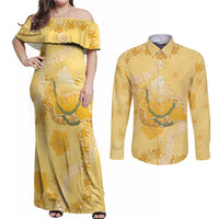 Hawaii Oahu Island Flowers Lei Couples Matching Off Shoulder Maxi Dress and Long Sleeve Button Shirt Yellow Ilima Mix Plumeria LT7 Yellow - Polynesian Pride