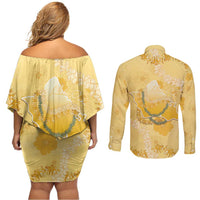 Hawaii Oahu Island Flowers Lei Couples Matching Off Shoulder Short Dress and Long Sleeve Button Shirt Yellow Ilima Mix Plumeria LT7 - Polynesian Pride