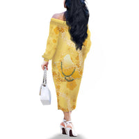Hawaii Oahu Island Flowers Lei Family Matching Off The Shoulder Long Sleeve Dress and Hawaiian Shirt Yellow Ilima Mix Plumeria LT7 - Polynesian Pride