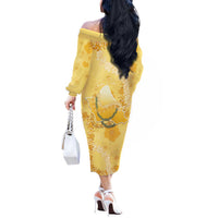 Hawaii Oahu Island Flowers Lei Off The Shoulder Long Sleeve Dress Yellow Ilima Mix Plumeria