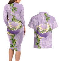 Hawaii Kauai Island Flowers Lei Couples Matching Long Sleeve Bodycon Dress and Hawaiian Shirt Mokihana Lei LT7 - Polynesian Pride