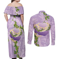 Hawaii Kauai Island Flowers Lei Couples Matching Off Shoulder Maxi Dress and Long Sleeve Button Shirt Mokihana Lei