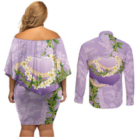 Hawaii Kauai Island Flowers Lei Couples Matching Off Shoulder Short Dress and Long Sleeve Button Shirt Mokihana Lei