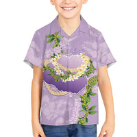 Hawaii Kauai Island Flowers Lei Family Matching Off The Shoulder Long Sleeve Dress and Hawaiian Shirt Mokihana Lei LT7 Son's Shirt Lavender - Polynesian Pride