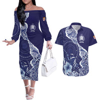 Fiji Queen Victoria School Personalised Couples Matching Off The Shoulder Long Sleeve Dress and Hawaiian Shirt Masi Tapa Torn Style LT7 Blue - Polynesian Pride