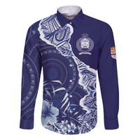 Fiji Queen Victoria School Personalised Family Matching Puletasi and Hawaiian Shirt Masi Tapa Torn Style LT7 Dad's Shirt - Long Sleeve Blue - Polynesian Pride