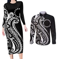 Kia Orana Cook Islands Couples Matching Long Sleeve Bodycon Dress and Long Sleeve Button Shirt Kerekere Plumeria Tropical Waves LT7 Black - Polynesian Pride