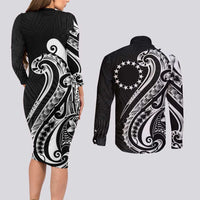 Kia Orana Cook Islands Couples Matching Long Sleeve Bodycon Dress and Long Sleeve Button Shirt Kerekere Plumeria Tropical Waves LT7 - Polynesian Pride