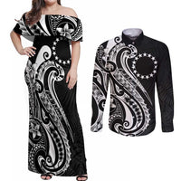 Kia Orana Cook Islands Couples Matching Off Shoulder Maxi Dress and Long Sleeve Button Shirt Kerekere Plumeria Tropical Waves LT7 Black - Polynesian Pride