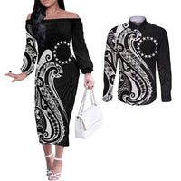 Kia Orana Cook Islands Couples Matching Off The Shoulder Long Sleeve Dress and Long Sleeve Button Shirt Kerekere Plumeria Tropical Waves LT7 Black - Polynesian Pride