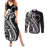 Kia Orana Cook Islands Couples Matching Summer Maxi Dress and Long Sleeve Button Shirt Kerekere Plumeria Tropical Waves LT7 Black - Polynesian Pride