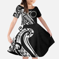Kia Orana Cook Islands Family Matching Off The Shoulder Long Sleeve Dress and Hawaiian Shirt Kerekere Plumeria Tropical Waves LT7 Daughter's Dress Black - Polynesian Pride