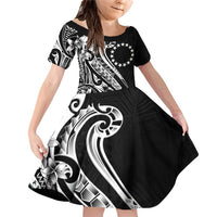 Kia Orana Cook Islands Family Matching Off Shoulder Short Dress and Hawaiian Shirt Kerekere Plumeria Tropical Waves LT7 Daughter's Dress Black - Polynesian Pride