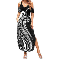 Kia Orana Cook Islands Family Matching Summer Maxi Dress and Hawaiian Shirt Kerekere Plumeria Tropical Waves LT7 Mom's Dress Black - Polynesian Pride
