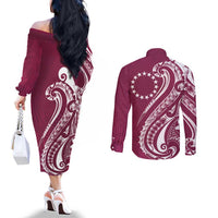 Kia Orana Cook Islands Couples Matching Off The Shoulder Long Sleeve Dress and Long Sleeve Button Shirt Maroon Plumeria Tropical Waves LT7 - Polynesian Pride