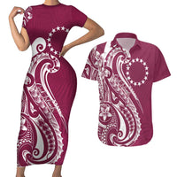 Kia Orana Cook Islands Couples Matching Short Sleeve Bodycon Dress and Hawaiian Shirt Maroon Plumeria Tropical Waves LT7 Maroon - Polynesian Pride