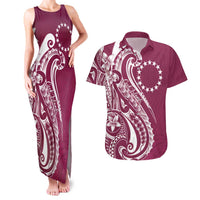 Kia Orana Cook Islands Couples Matching Tank Maxi Dress and Hawaiian Shirt Maroon Plumeria Tropical Waves LT7 Maroon - Polynesian Pride