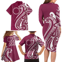 Kia Orana Cook Islands Family Matching Long Sleeve Bodycon Dress and Hawaiian Shirt Maroon Plumeria Tropical Waves LT7 - Polynesian Pride