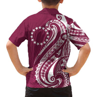 Kia Orana Cook Islands Family Matching Off The Shoulder Long Sleeve Dress and Hawaiian Shirt Maroon Plumeria Tropical Waves LT7 - Polynesian Pride