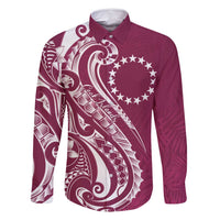 Kia Orana Cook Islands Family Matching Off Shoulder Maxi Dress and Hawaiian Shirt Maroon Plumeria Tropical Waves LT7 Dad's Shirt - Long Sleeve Maroon - Polynesian Pride