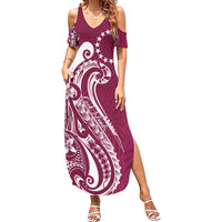 Kia Orana Cook Islands Family Matching Summer Maxi Dress and Hawaiian Shirt Maroon Plumeria Tropical Waves LT7 Mom's Dress Maroon - Polynesian Pride