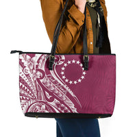 Kia Orana Cook Islands Leather Tote Bag Maroon Plumeria Tropical Waves - Polynesian Pride