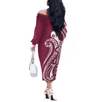 Kia Orana Cook Islands Off The Shoulder Long Sleeve Dress Maroon Plumeria Tropical Waves - Polynesian Pride