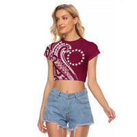 Kia Orana Cook Islands Raglan Cropped T Shirt Maroon Plumeria Tropical Waves - Polynesian Pride