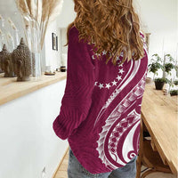 Kia Orana Cook Islands Women Casual Shirt Maroon Plumeria Tropical Waves - Polynesian Pride