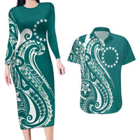 Kia Orana Cook Islands Couples Matching Long Sleeve Bodycon Dress and Hawaiian Shirt Teal Plumeria Tropical Waves LT7 Teal - Polynesian Pride