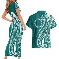 Kia Orana Cook Islands Couples Matching Short Sleeve Bodycon Dress and Hawaiian Shirt Teal Plumeria Tropical Waves LT7 - Polynesian Pride