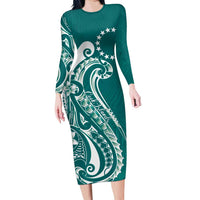 Kia Orana Cook Islands Family Matching Long Sleeve Bodycon Dress and Hawaiian Shirt Teal Plumeria Tropical Waves LT7 Mom's Dress Teal - Polynesian Pride