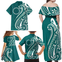 Kia Orana Cook Islands Family Matching Off Shoulder Maxi Dress and Hawaiian Shirt Teal Plumeria Tropical Waves LT7 - Polynesian Pride