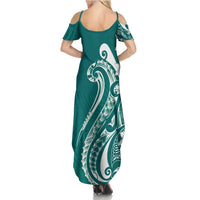 Kia Orana Cook Islands Family Matching Summer Maxi Dress and Hawaiian Shirt Teal Plumeria Tropical Waves LT7 - Polynesian Pride