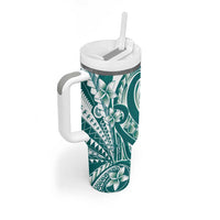 Kia Orana Cook Islands Tumbler With Handle Teal Plumeria Tropical Waves LT7 - Polynesian Pride
